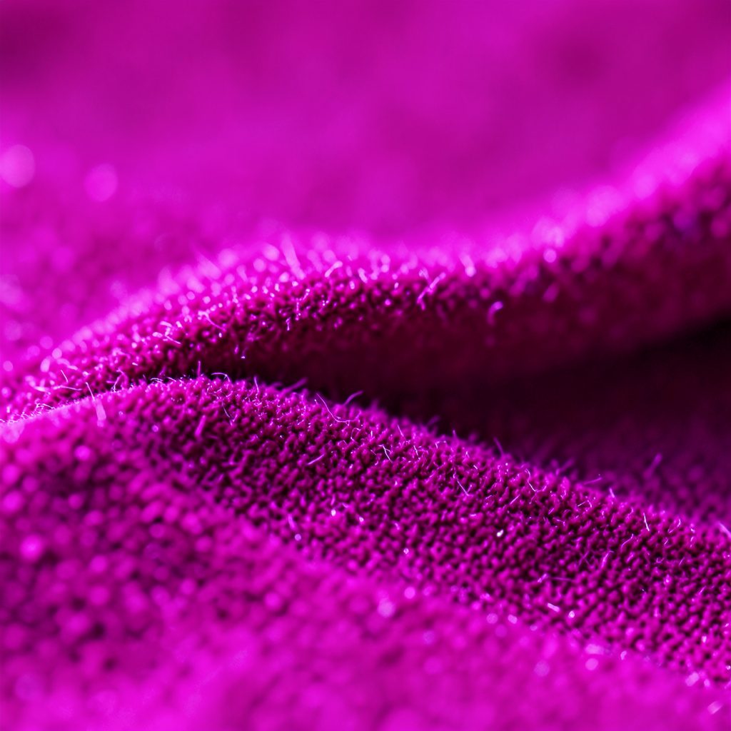 Extreme close-up of soft woven textile in deep magenta and plum threads, calm and muted mood